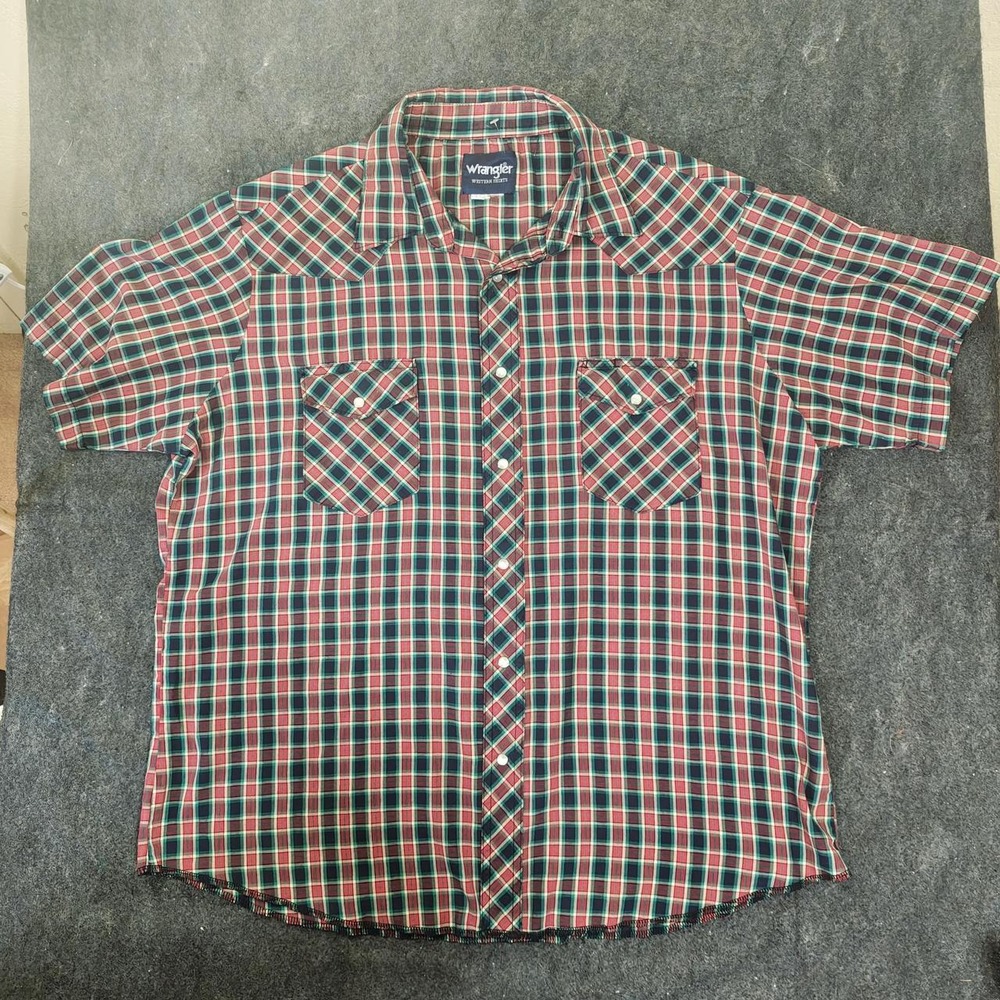 Vintage Wrangler Mens XL Red Green Plaid Pearl Snap Western Shirt Short Sleeve